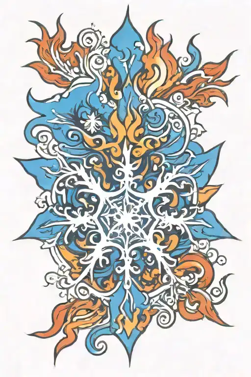 bright blue snowflake with flames coming off tattoo design idea