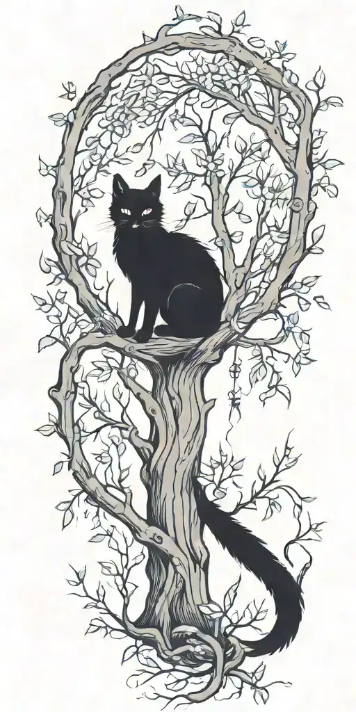 black cat playing with a fox under a weeping willow tree tattoo design idea