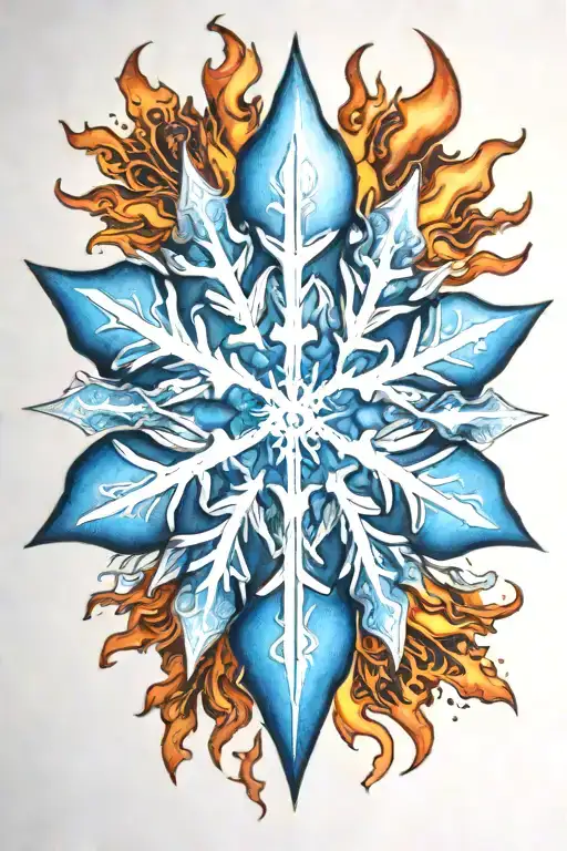 bright blue snowflake with flames coming off tattoo design idea