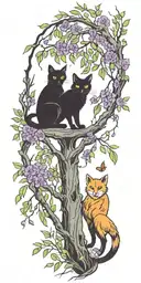 black cat yellow eyes playing with a red fox under a weeping willow tree with purple and green leaves  tattoo design idea