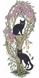 black cat yellow eyes playing with a red fox under a weeping willow tree with purple and green leaves  tattoo design idea