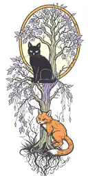 black cat yellow eyes playing with a red fox under a weeping willow tree with purple and green leaves  tattoo design idea