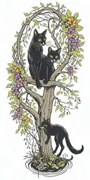 black cat yellow eyes playing with a red fox under a weeping willow tree with purple and green leaves  tattoo design idea