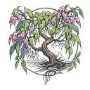 weeping willow tree with purple and green leaves blowing tattoo design idea