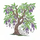 weeping willow tree with purple and green leaves blowing tattoo design idea