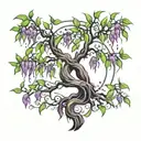 weeping willow tree with purple and green leaves blowing tattoo design idea