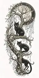 black cat playing with a fox under a weeping willow tree tattoo design idea
