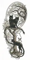 black cat playing with a fox under a weeping willow tree tattoo design idea