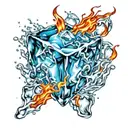 blue ice cube with bright flames coming off tattoo design idea
