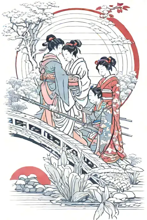 female samurai warrior with swords and geisha  holding each other on wooded bridge over a koi pond, under a red moon. tattoo design idea