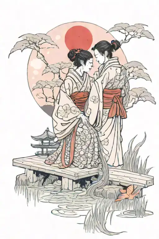 female samurai warrior holding each other on wooded bridge over a koi pond, under a red moon. tattoo design idea