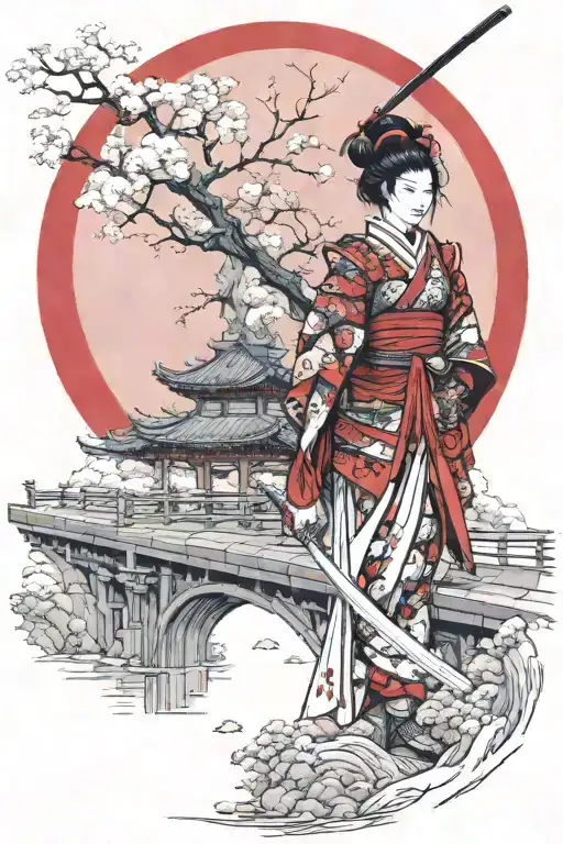 a female samurai warrior with swords, in armor, with a geisha on bridge under a red moon tattoo design idea