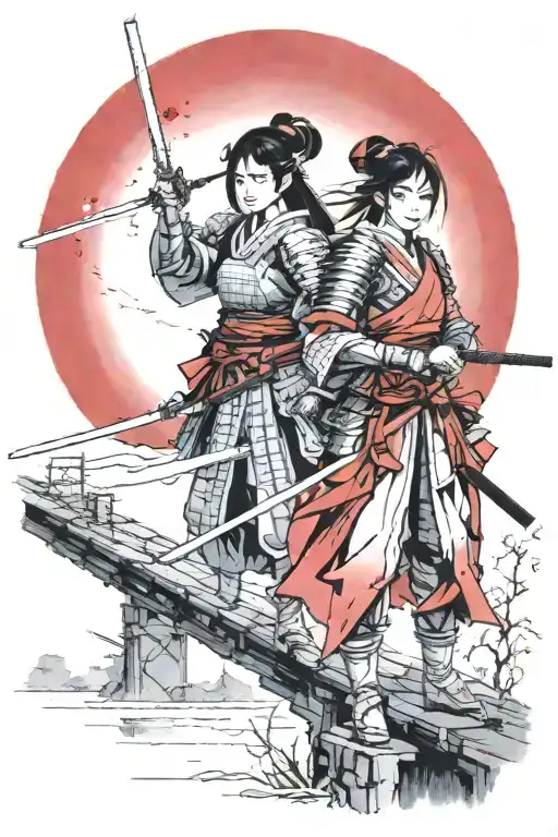 two female samurai warriors with swords, in armor, on bridge under a red moon tattoo design idea