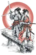 two female samurai warriors with swords, in armor, on bridge under a red moon tattoo design idea