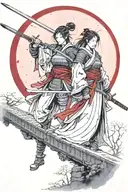 two female samurai warriors with swords, in armor, on bridge under a red moon tattoo design idea