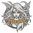 Logo for a lashing company called That Lash Ghoul containing a pretty, emo girl with huge pretty eyelashes and a rock n  tattoo design idea