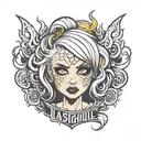Logo for a lashing company called That Lash Ghoul containing a pretty, emo girl with huge pretty eyelashes and a rock n  tattoo design idea
