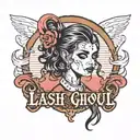 Logo for a lashing company called That Lash Ghoul containing a pretty, emo girl with huge pretty eyelashes and a rock n  tattoo design idea
