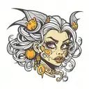 Logo for a lashing company called That Lash Ghoul containing a pretty, emo girl with huge pretty eyelashes and a rock n  tattoo design idea