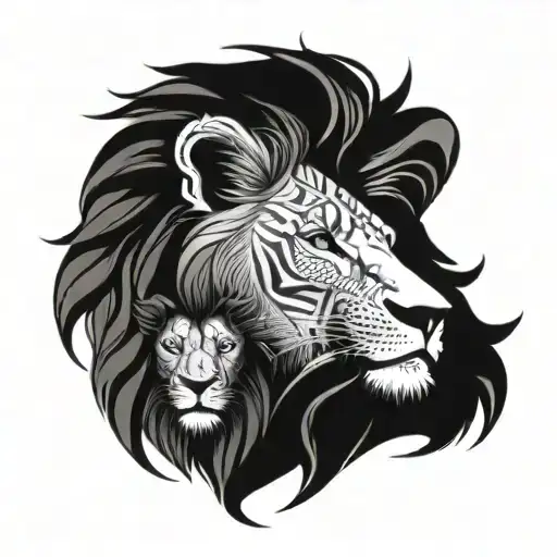 Lion, king and queen, half faces next to each other  tattoo design idea