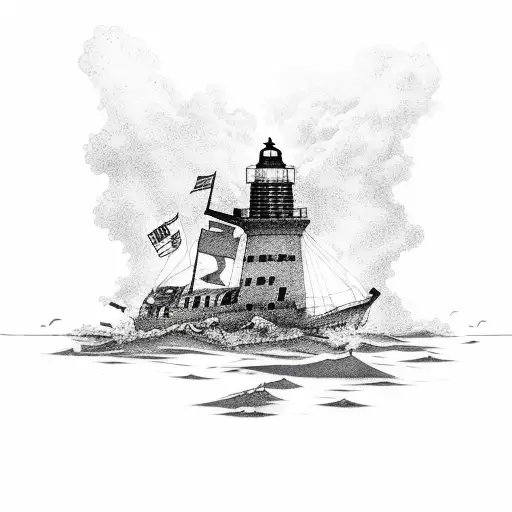 A scuba diver exploring a shipwreck near a lighthouse tattoo design idea