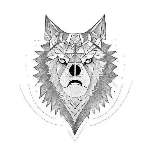 Lobo líder de manada con aretes en las orejas, un arete con la letra S y el otro con la letra M tattoo design idea