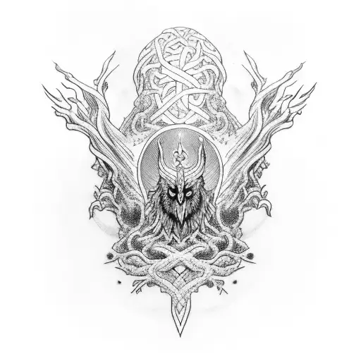 Ygdrasil with the nine World and the Raven of odin the nordic god. tattoo design idea