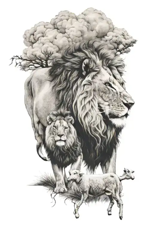 lion guarding sheep standing in front tattoo design idea