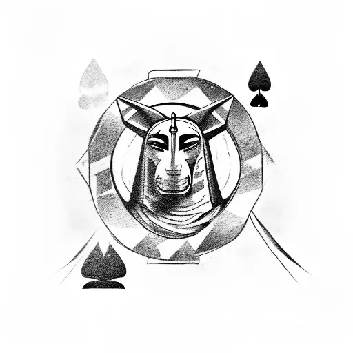 Tattoo of Anubis, a knight, a king, and the devil playing poker at a round table tattoo design idea