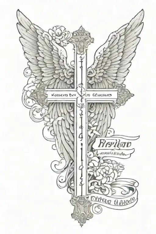 a cross with angel wings and a date in Roman numerals tattoo design idea