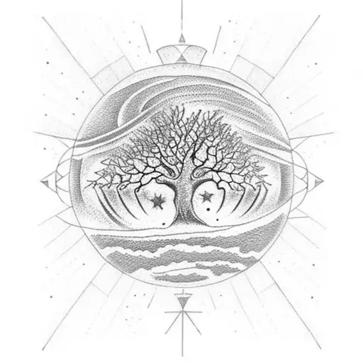 A dotwork tattoo of a realistic oak tree with the planet Venus as its canopy, surrounded by Star Trek symbols tattoo design idea