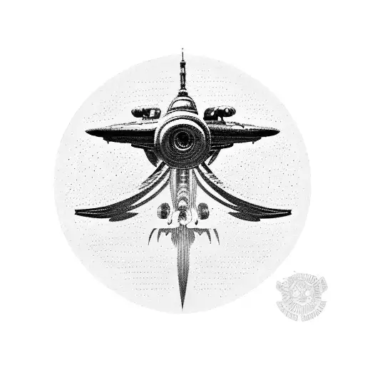 A blackwork tattoo of the Star Trek USS Enterprise flying through the branches of an oak tree tattoo design idea