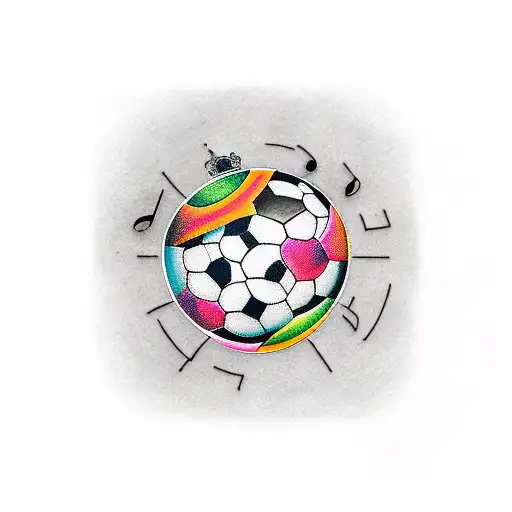 A minimalist tattoo of a soccer ball with music notes incorporated into the design. tattoo design idea