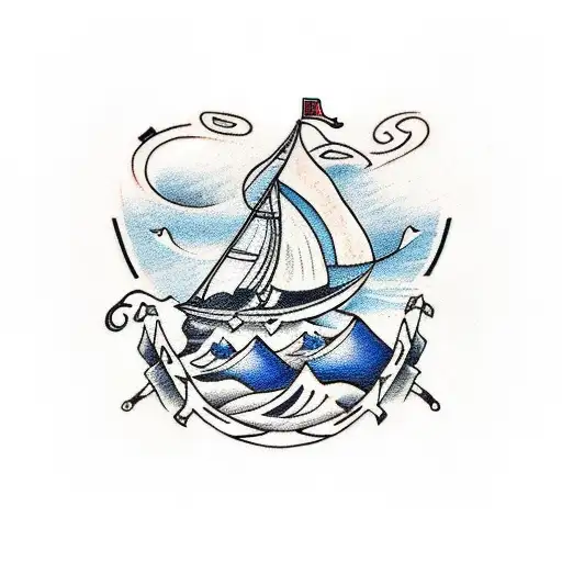 Design a traditional style tattoo featuring a Viking ship sailing through the fjords of Norway, with honor runes incorporated into the waves. tattoo design idea