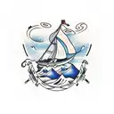 Design a traditional style tattoo featuring a Viking ship sailing through the fjords of Norway, with honor runes incorporated into the waves. tattoo design idea