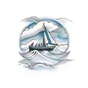 Design a traditional style tattoo featuring a Viking ship sailing through the fjords of Norway, with honor runes incorporated into the waves. tattoo design idea