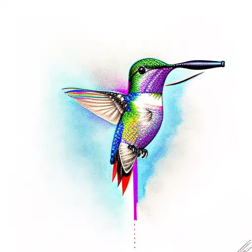 A tattoo of a paintbrush morphing into a hummingbird, with vibrant colors and intricate details, combining the client's love for painting and nature tattoo design idea