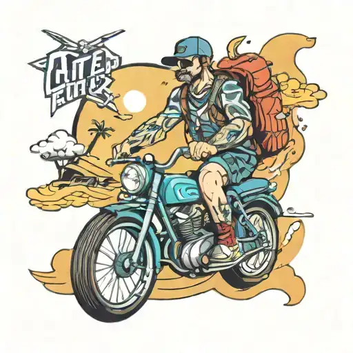 A full arm tattoo with GTA, OnePiece, hockey, bicycle, camping, USA, Playstation, space tattoo design idea