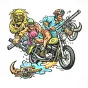 A full arm tattoo with GTA, OnePiece, hockey, bicycle, camping, USA, Playstation, space tattoo design idea