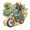 A full arm tattoo with GTA, OnePiece, hockey, bicycle, camping, USA, Playstation, space tattoo design idea