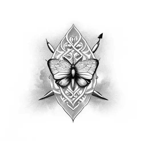 butterfly heart flower dagger tattoo design idea