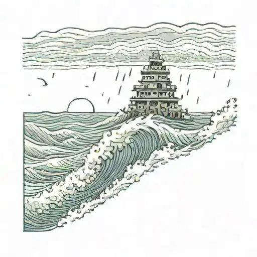 a ziggurat in the middle of the ocean during a rainstorm with massive waves and a shipwreck  tattoo design idea