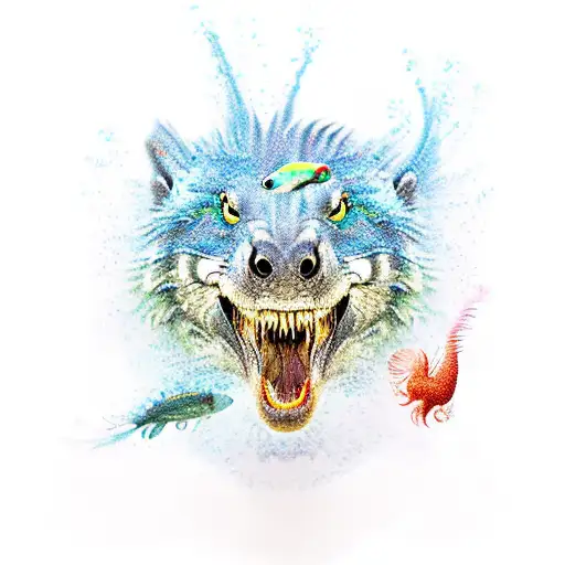 Make a collage without.mixing this animals T rex, grey wolf, seahorse, otter, quetzal, koi fishes,  tattoo design idea