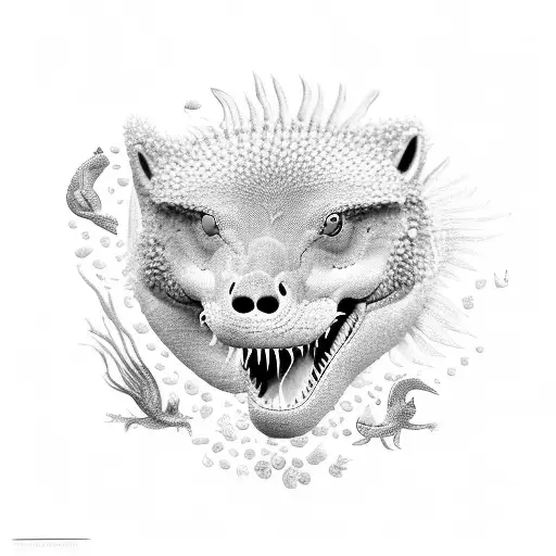 Make a collage without.mixing this animals T rex, grey wolf, seahorse, otter, quetzal, koi fishes. I want them separated tattoo design idea