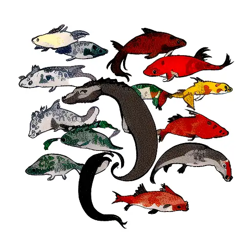 Make a collage without.mixing this animals T rex, grey wolf, seahorse, otter, quetzal, koi fishes,  tattoo design idea