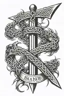 a sword going form lower back to the neck upside down and a crown of thorns on the sord with bible verses arouns it tattoo design idea