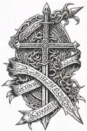 a sword going form lower back to the neck upside down and a crown of thorns on the sord with bible verses arouns it tattoo design idea