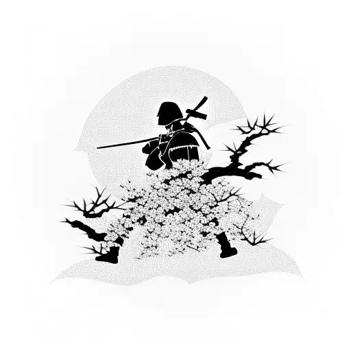 A silhouette of a soldier saluting against a backdrop of cherry blossom trees and Japanese kanji characters meaning bravery tattoo design idea