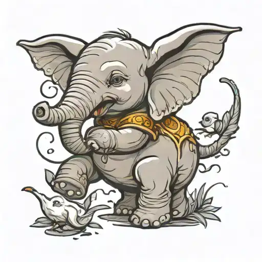 baby elephant in cartoon character with trunk in air holding up one leg playing with a dove tattoo design idea
