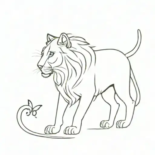 Cat's lower body going through a semi colon like a portal but becomes a lion with a butterfly tattoo design idea